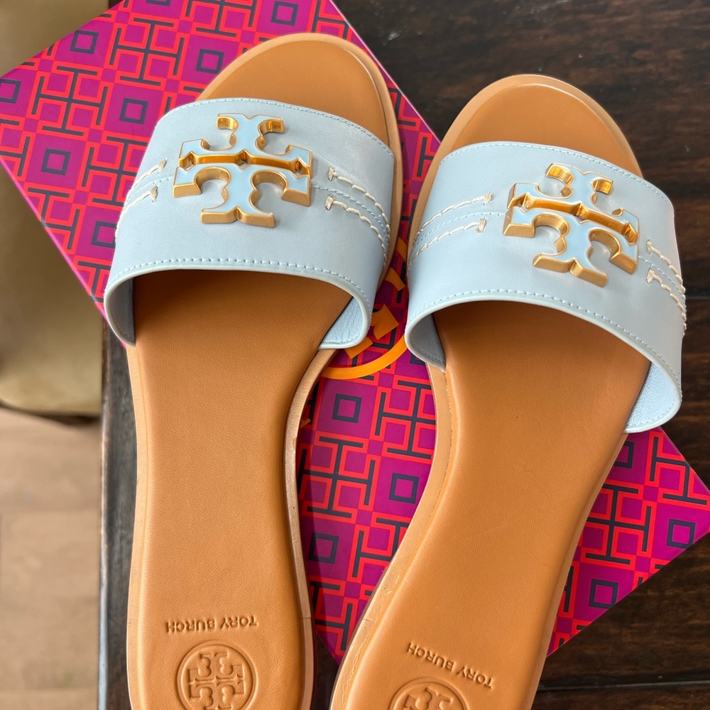 Tory Burch Light Blue and Tan Sandals